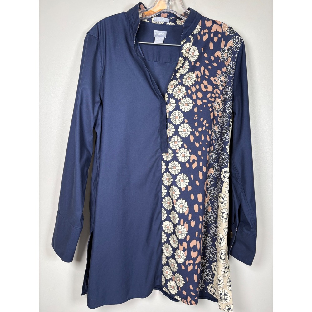 Chicos No Iron Chic Stretch Tunic‎ Navy Floral Animal Print Long Sleeve Top 2 L